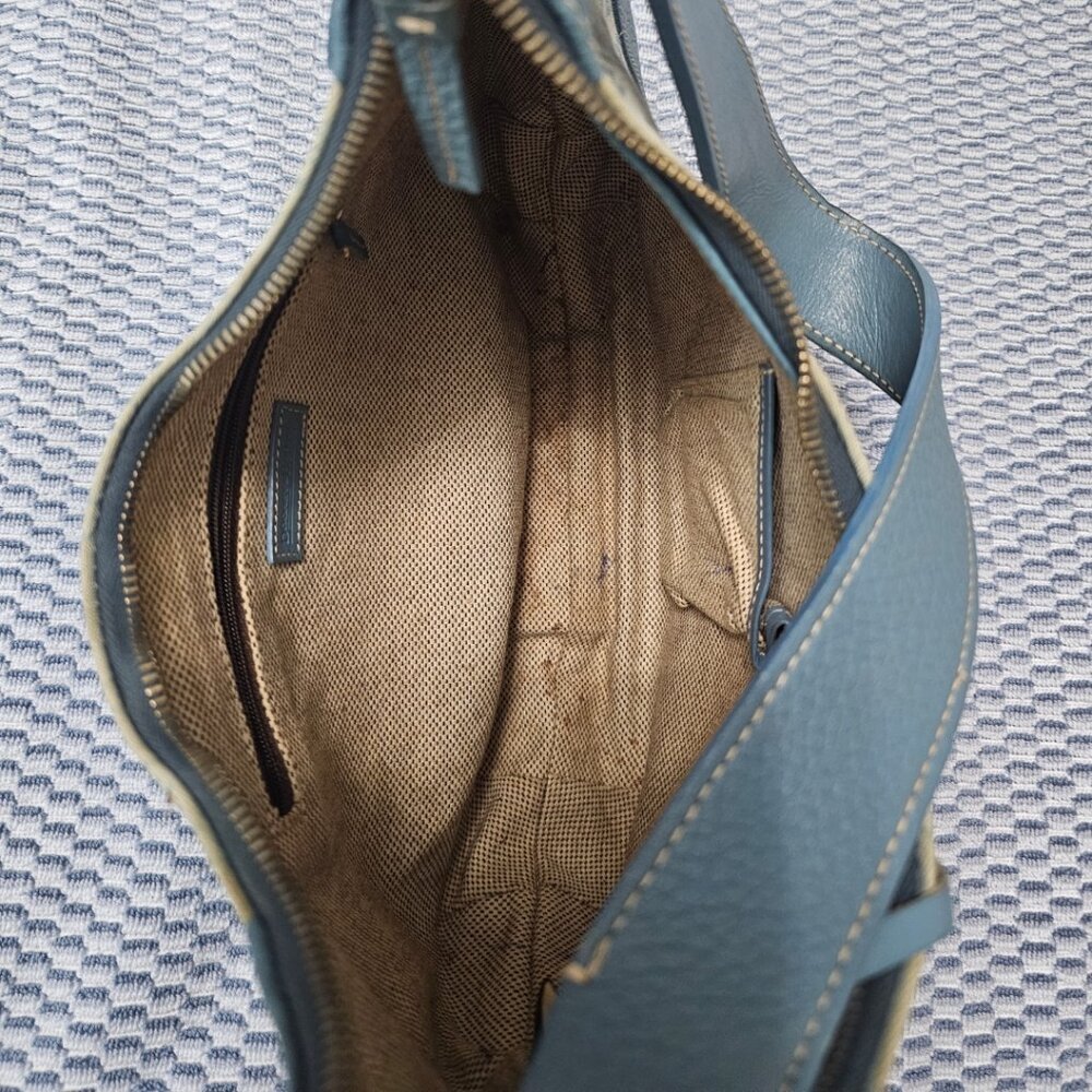 Vintage Dooney & Bourke Blue Monogram Canvas Blue Leather Trim Hobo Shoulder Bag - Picture 4 of 7